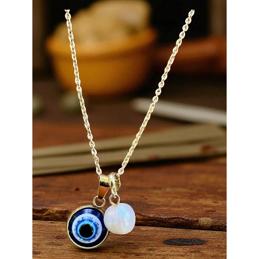16 inch Stainless Steel Gold necklace w/ two charms; evil eye; pearl pendent